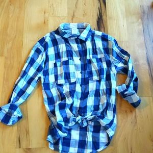 Navy and cream plaid top